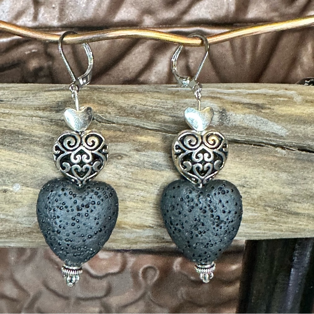 Silver and Black Heart Lava Stone Earrings